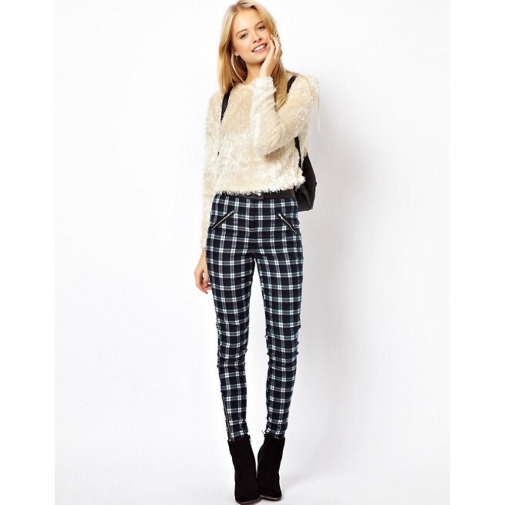 ASOS skinny pants with plaid check & pu waistband - Picture 1 of 9